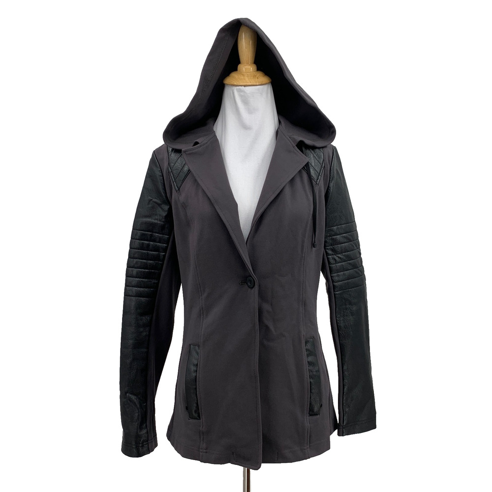 Blanc Noir Blazer Womens XS Extra Small Hooded Moto Faux Leather Sleeves Paneled
